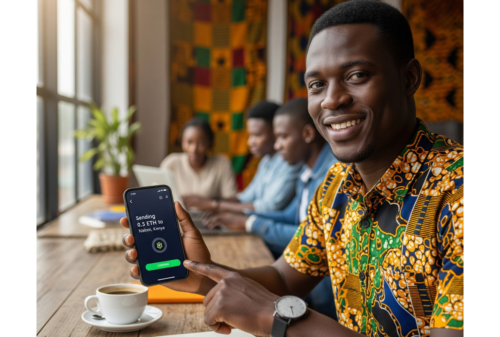 African entrepreneur using cryptocurrency on a smartphone to send cross-border payments, symbolizing blockchain-driven financial inclusion and digital innovation.