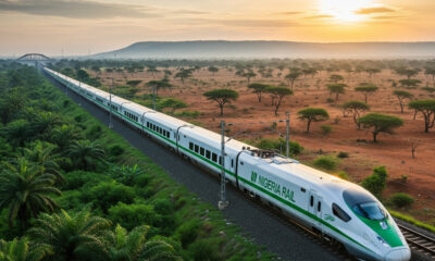 A high-speed train speeding through the Nigerian landscape, connecting major cities like Lagos, Abuja, and Kano, symbolizing the $60 billion rail revolution set to transform West African trade and logistics under AfCFTA.