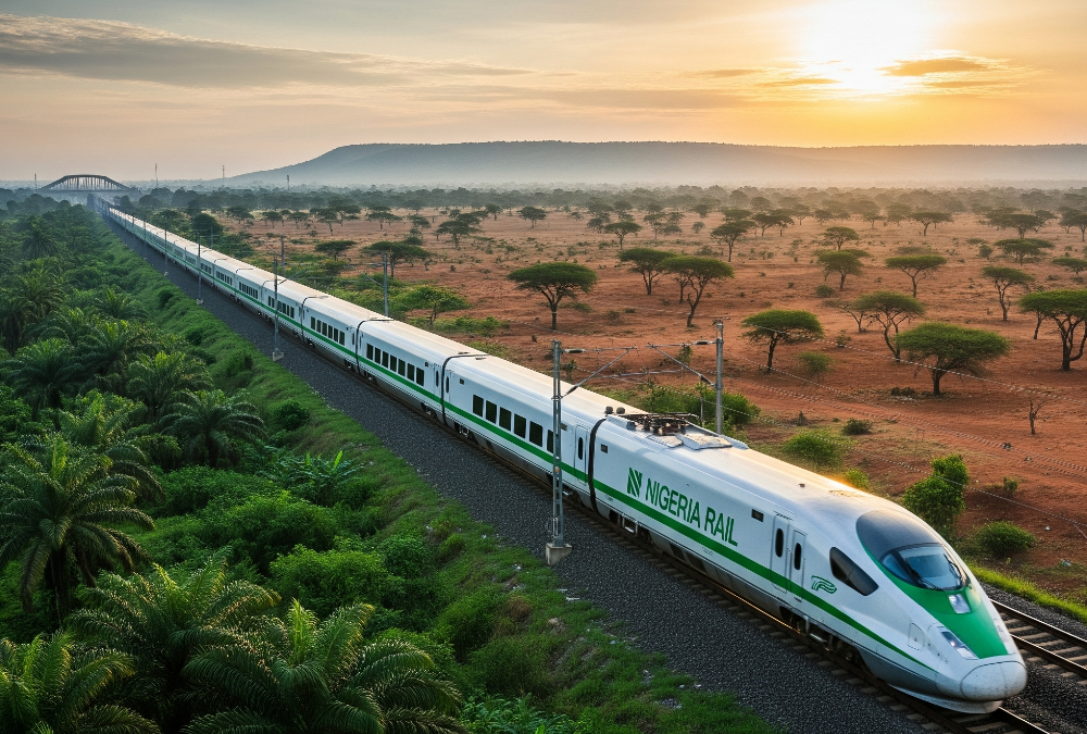 A high-speed train speeding through the Nigerian landscape, connecting major cities like Lagos, Abuja, and Kano, symbolizing the $60 billion rail revolution set to transform West African trade and logistics under AfCFTA.