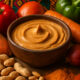 Traditional West African groundnut stew with peanut butter base, served in a clay bowl with vegetables, highlighting the cultural and culinary importance of peanuts in African cuisine.