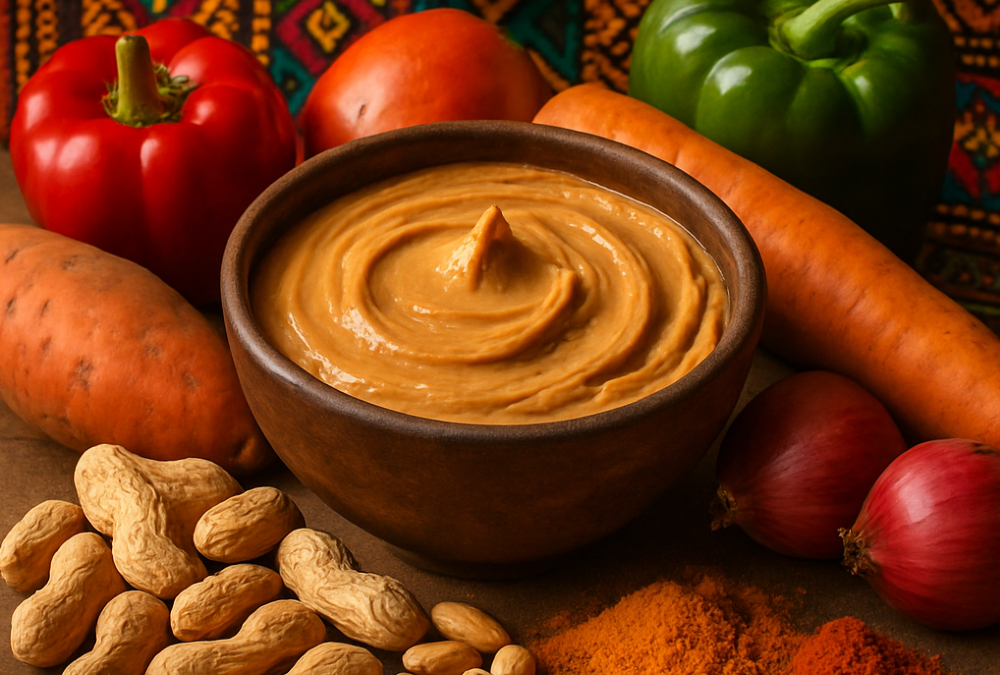 Traditional West African groundnut stew with peanut butter base, served in a clay bowl with vegetables, highlighting the cultural and culinary importance of peanuts in African cuisine.