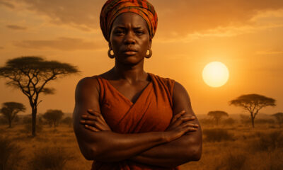 A powerful African woman symbolizing the continent, standing with arms crossed, gazing directly at the viewer against a backdrop of savannah and rising sun, representing sovereignty, resilience, and a call to action for Africa’s educated elite to lead with courage and integrity.