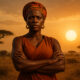 A powerful African woman symbolizing the continent, standing with arms crossed, gazing directly at the viewer against a backdrop of savannah and rising sun, representing sovereignty, resilience, and a call to action for Africa’s educated elite to lead with courage and integrity.