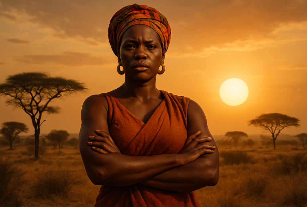 A powerful African woman symbolizing the continent, standing with arms crossed, gazing directly at the viewer against a backdrop of savannah and rising sun, representing sovereignty, resilience, and a call to action for Africa’s educated elite to lead with courage and integrity.
