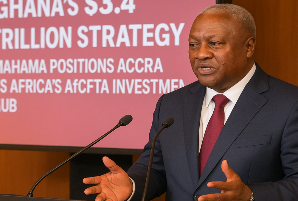 President John Mahama addressing Singaporean investors, promoting Ghana as the gateway to the $3.4 trillion AfCFTA market and a rising investment hub in West Africa.