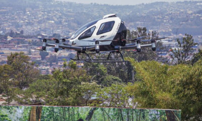 EHang EH216-S self-flying electric air taxi flying above Kigali, Rwanda during Africa’s first autonomous passenger flight.