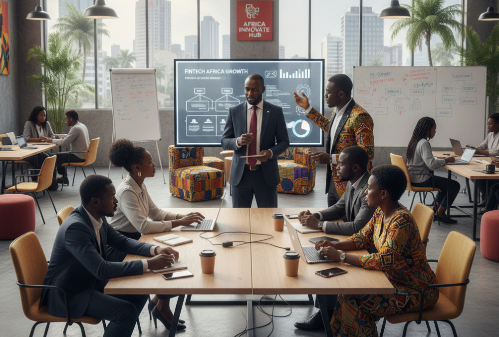 Investor meeting at African fintech startup hub in Abidjan or Kigali