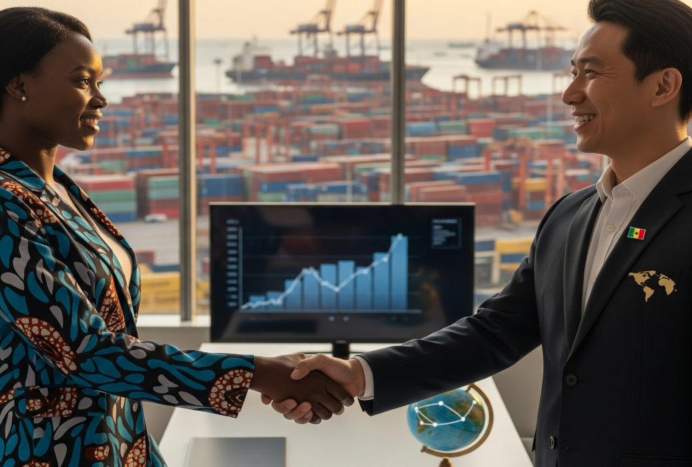 African and Asian business leaders shaking hands at a trade summit, representing growing partnerships under initiatives like AfCFTA and China-Africa cooperation.