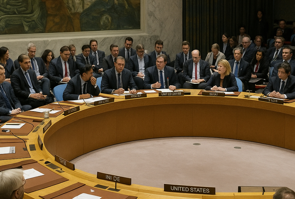 United Nations Security Council chamber with delegates debating global governance reform