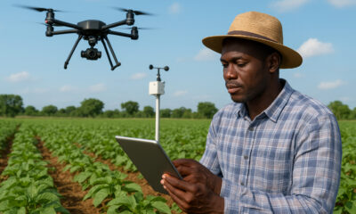 African farmer using AI technology with drones and sensors to monitor crops and improve food security