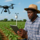 African farmer using AI technology with drones and sensors to monitor crops and improve food security