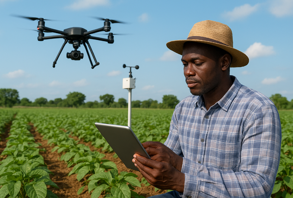 African farmer using AI technology with drones and sensors to monitor crops and improve food security