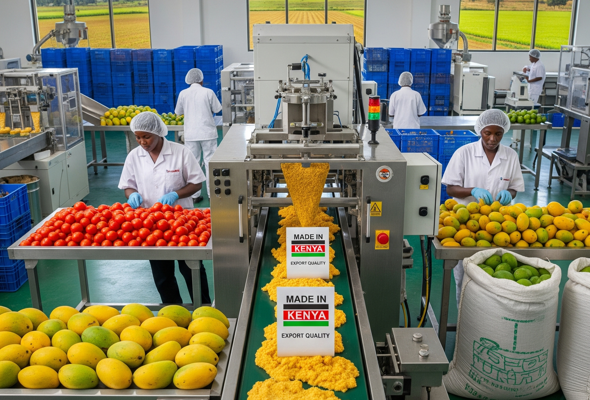 Modern agro-processing facility in Africa showcasing locally sourced crops being processed and packaged for export, symbolizing the continent’s growing investment opportunities and economic potential.