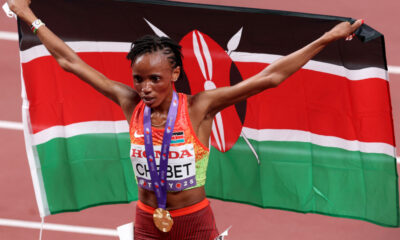 Kenya’s Beatrice Chebet celebrates after securing her first world championship gold medal in the 10,000m in Tokyo 2025.