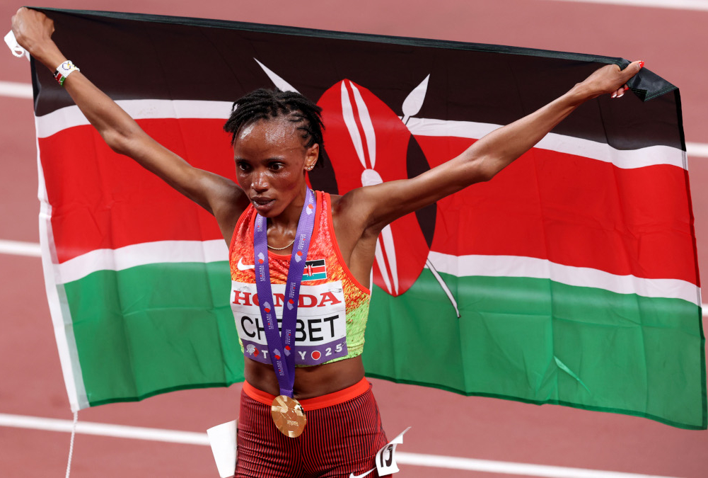Kenya’s Beatrice Chebet celebrates after securing her first world championship gold medal in the 10,000m in Tokyo 2025.