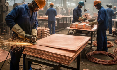 Workers processing copper in Zambia, symbolizing Africa’s struggle to capture value from global electric vehicle battery demand.