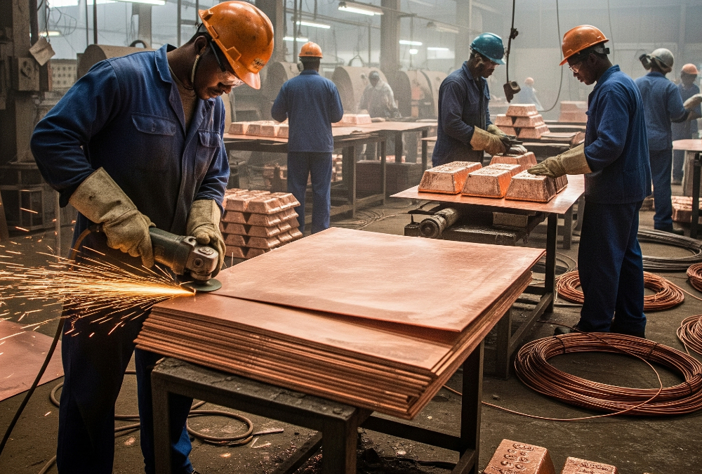 Workers processing copper in Zambia, symbolizing Africa’s struggle to capture value from global electric vehicle battery demand.