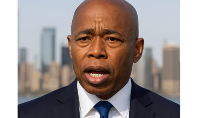 New York City Mayor Eric Adams announcing the end of his reelection campaign, with city skyline in the background.