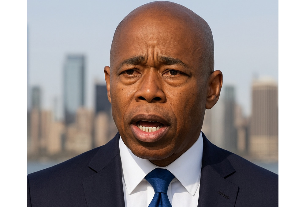 New York City Mayor Eric Adams announcing the end of his reelection campaign, with city skyline in the background.