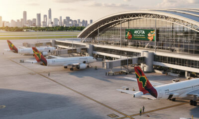 African air travel infrastructure showing airplanes at a modern airport, symbolizing the push for affordable flights, open skies, and regional connectivity under AfCFTA.