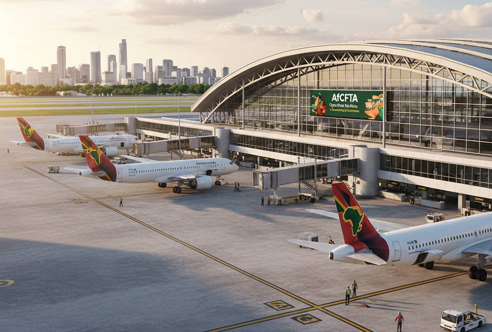 African air travel infrastructure showing airplanes at a modern airport, symbolizing the push for affordable flights, open skies, and regional connectivity under AfCFTA.