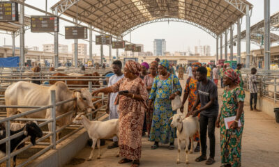 Women and youth traders inspecting livestock at a modernized market in Accra, representing inclusive economic growth under ECOWAS’s $10M Livestock Marketing Support Programme