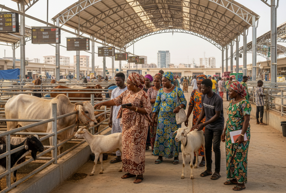 Women and youth traders inspecting livestock at a modernized market in Accra, representing inclusive economic growth under ECOWAS’s $10M Livestock Marketing Support Programme