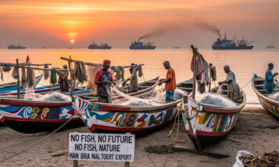 Coastal fishing village in West Africa with small wooden boats at sunset, symbolizing traditional artisanal fisheries threatened by industrial foreign fishing fleets and fishmeal exports