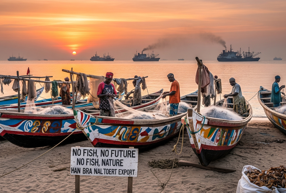 Coastal fishing village in West Africa with small wooden boats at sunset, symbolizing traditional artisanal fisheries threatened by industrial foreign fishing fleets and fishmeal exports