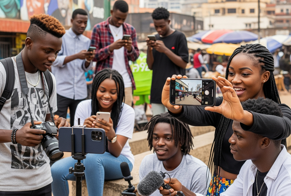 Diverse African youth using smartphones and cameras to tell their own stories online