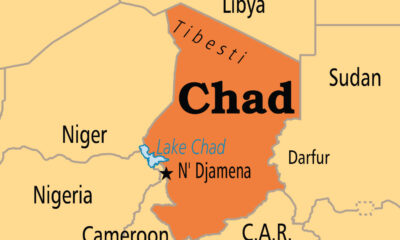 Map of Chad in Africa showing its central location, bordered by Libya, Sudan, Central African Republic, Cameroon, Nigeria, and Niger, with key features like Lake Chad and N'Djamena