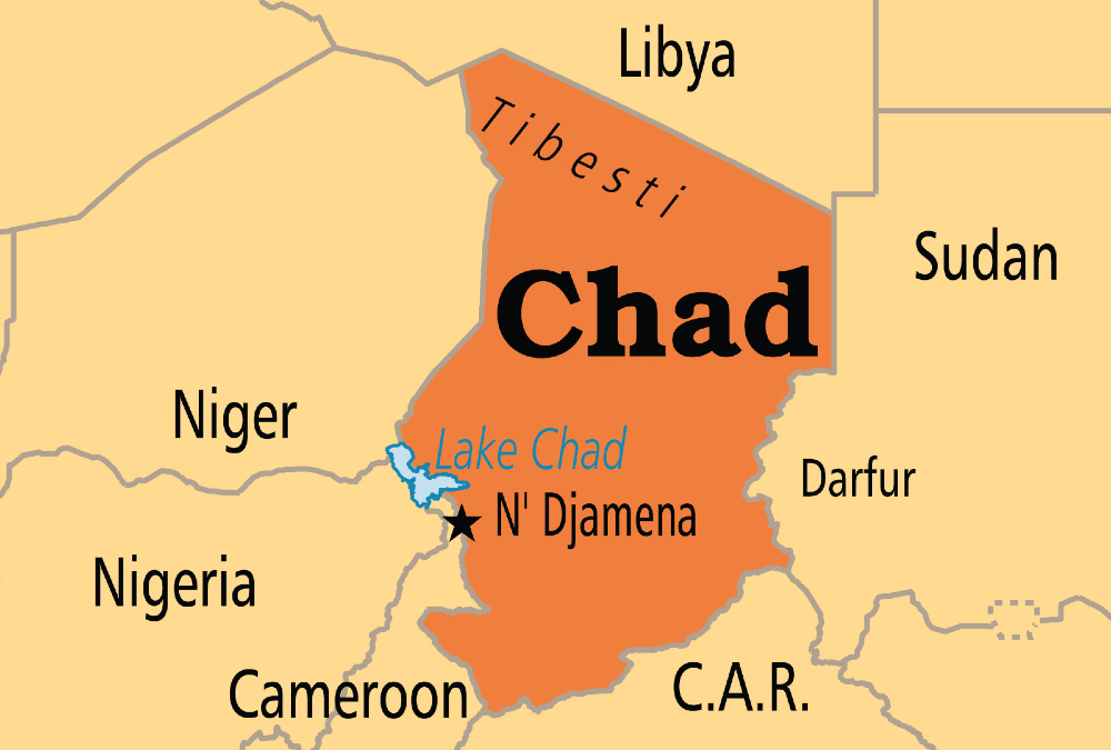 Map of Chad in Africa showing its central location, bordered by Libya, Sudan, Central African Republic, Cameroon, Nigeria, and Niger, with key features like Lake Chad and N'Djamena