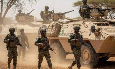 African Union soldiers conducting counterterrorism patrols in the Sahel region amid rising jihadist threats from JNIM and ISIS affiliates.