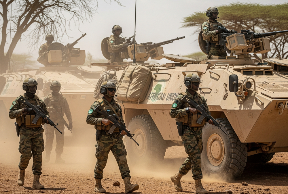 African Union soldiers conducting counterterrorism patrols in the Sahel region amid rising jihadist threats from JNIM and ISIS affiliates.