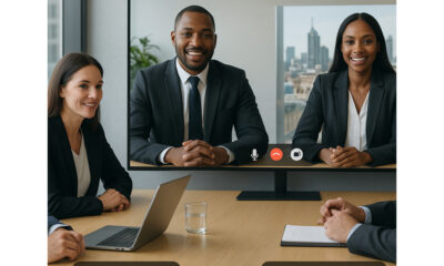 Real-time video conference between business teams in London and Johannesburg during standard working hours.