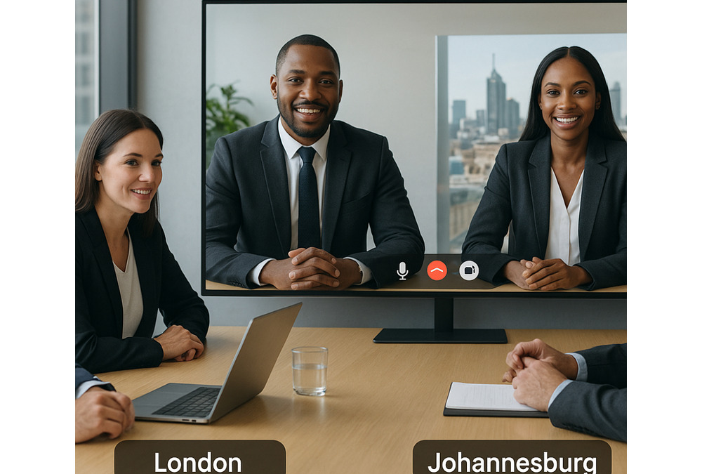 Real-time video conference between business teams in London and Johannesburg during standard working hours.