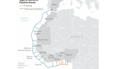 Map illustration of the Nigeria-Morocco $25 billion gas pipeline route connecting West Africa to Europe, symbolizing regional energy security, economic growth, and integration.