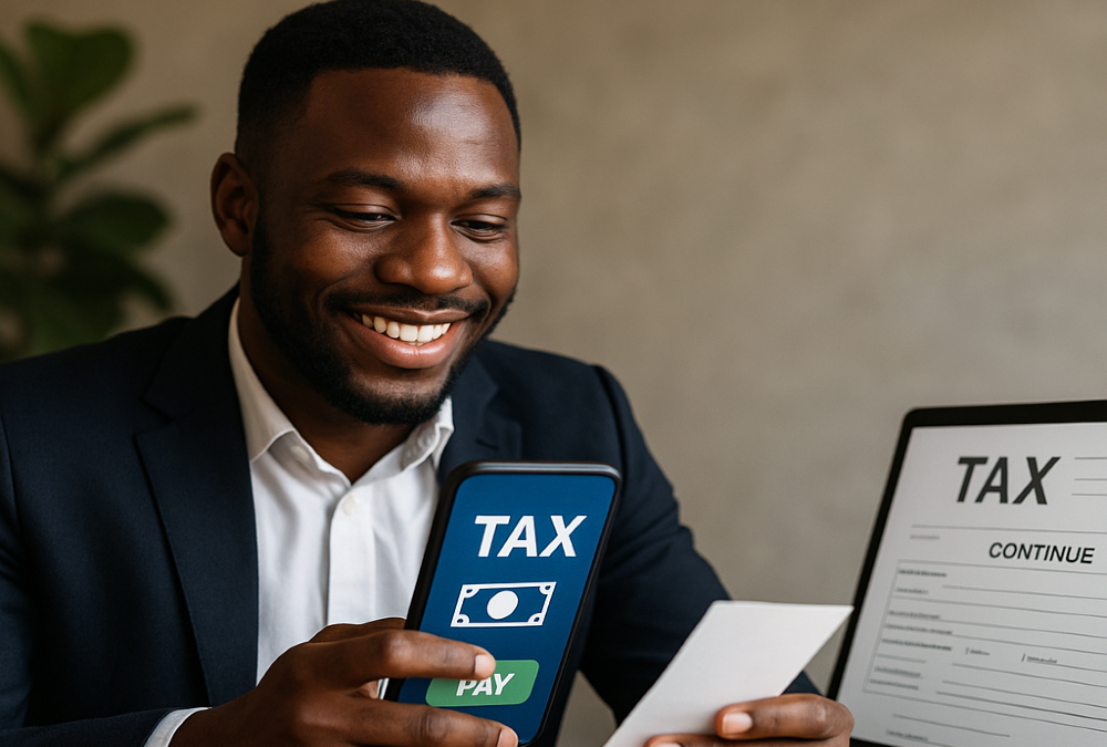 African business owner using mobile phone to pay taxes digitally, representing Africa’s digital tax revolution with mobile money, e-filing, and blockchain compliance tools.