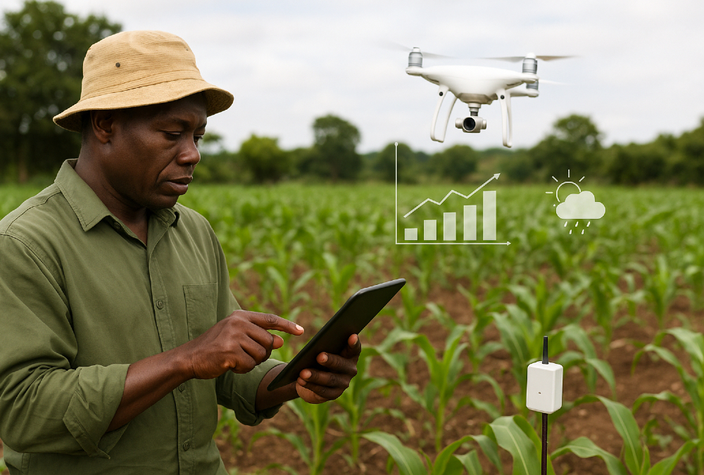 African farmers using data-driven technology, including sensors, drones, and mobile apps, to optimize irrigation, monitor crops, and improve yields across diverse farming landscapes.