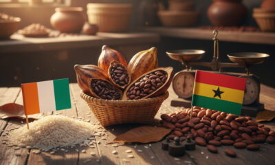 Cocoa beans and rice crops representing the Ivory Coast–Ghana alliance for regional trade and economic growth