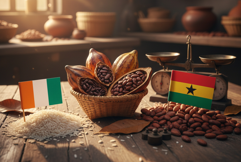 Cocoa beans and rice crops representing the Ivory Coast–Ghana alliance for regional trade and economic growth