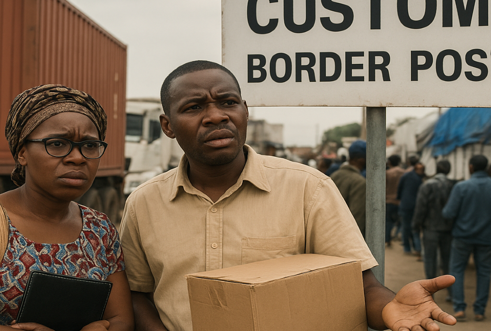 Frustrated African SME traders navigating customs delays at a border post—illustrating non-tariff barriers under AfCFTA.