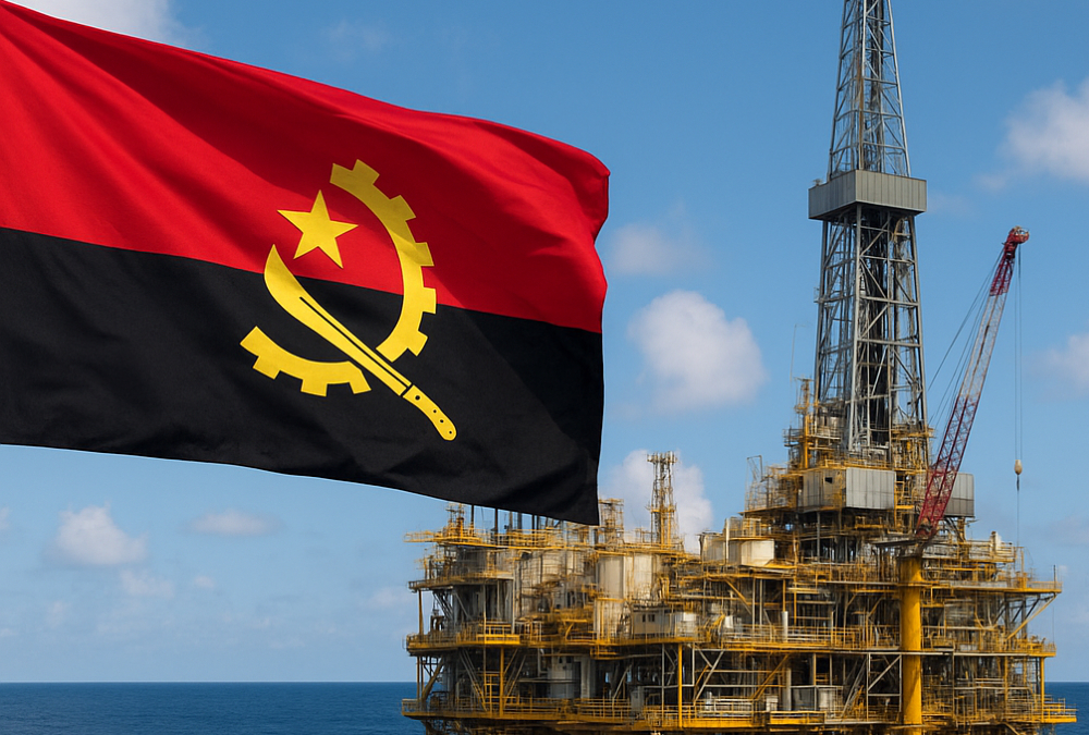 Angolan flag flying over an offshore oil rig, representing national energy sovereignty, economic growth, and Angola’s strategic use of hydrocarbons for development