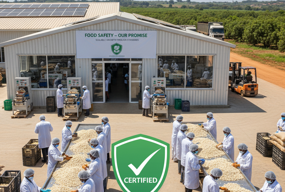 Illustration of an African cashew processing facility highlighting the importance of certification, food safety standards, and compliance for scalable agro-processing operations.