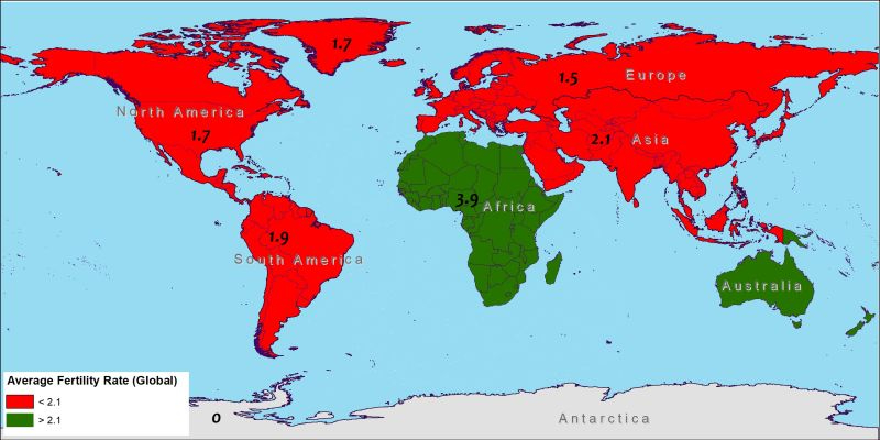 Africa youth demographic map showing high fertility rates in Africa, green zones vs. aging populations in Europe and Asia, World Bank data visualization