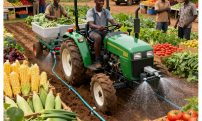 African farmers cultivating crops using modern techniques, highlighting local food production, economic growth, and youth-led agricultural innovation.