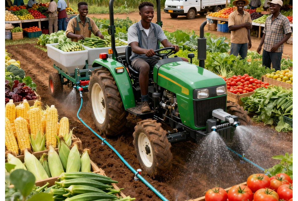 African farmers cultivating crops using modern techniques, highlighting local food production, economic growth, and youth-led agricultural innovation.