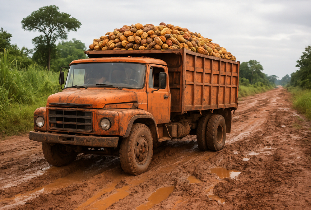 Truck carrying cocoa in Ivory Coast stuck on poor roads, symbolizing Africa’s infrastructure challenges and need for tax reform.
