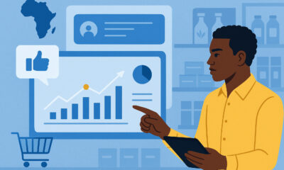 Illustration of African retail innovation: a store manager analyzing consumer data and feedback, highlighting the shift from traditional sales metrics to real-time learning and market responsiveness.