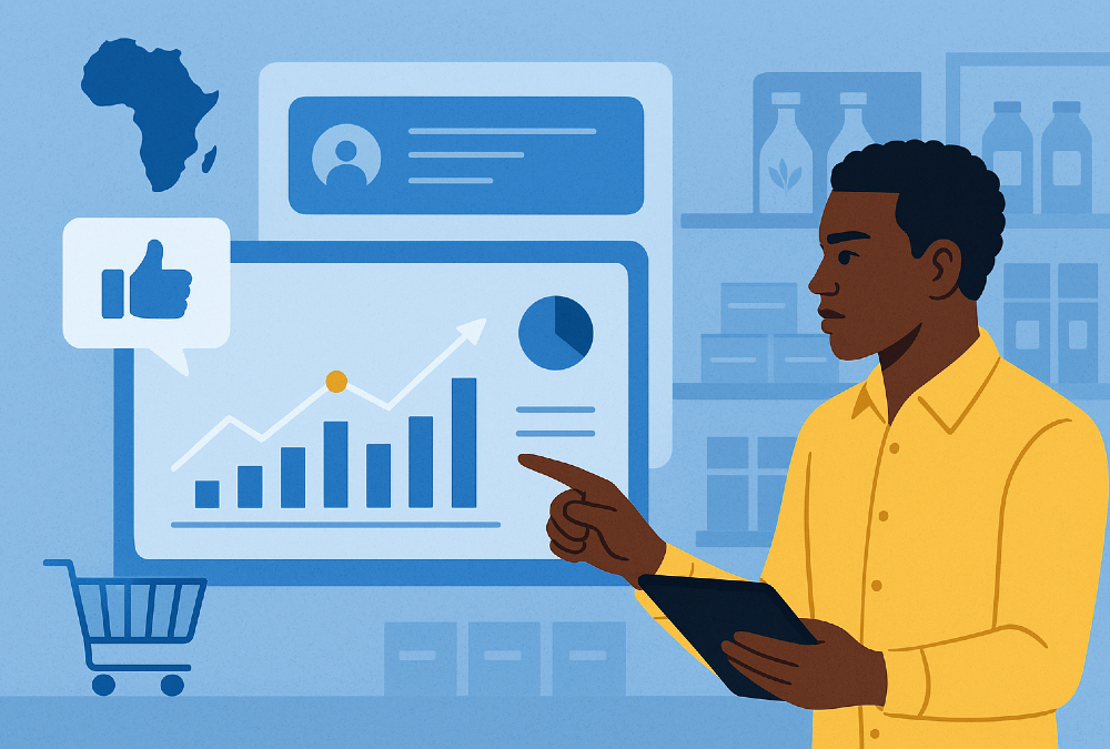 Illustration of African retail innovation: a store manager analyzing consumer data and feedback, highlighting the shift from traditional sales metrics to real-time learning and market responsiveness.